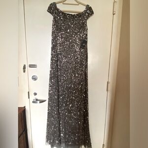 Adrianna Papell Lead Off the Shoulder Beaded Gown Size 14